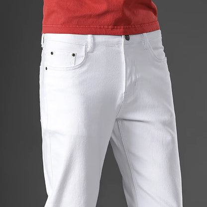 White Cotton Jeans Men's Elastic Soft Comfortable Business Casual Trousers Fashion Korean Fit Straight Spring Autumn Denim Pants