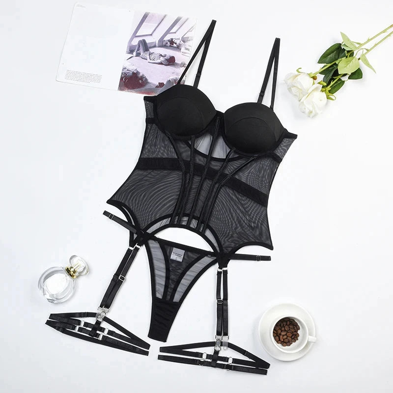 Mesh  Lingerie Luxury Brand Bodysuit Backless Tops for Women 3 Piece Lingerie Set with Garter Sexydresses for Women