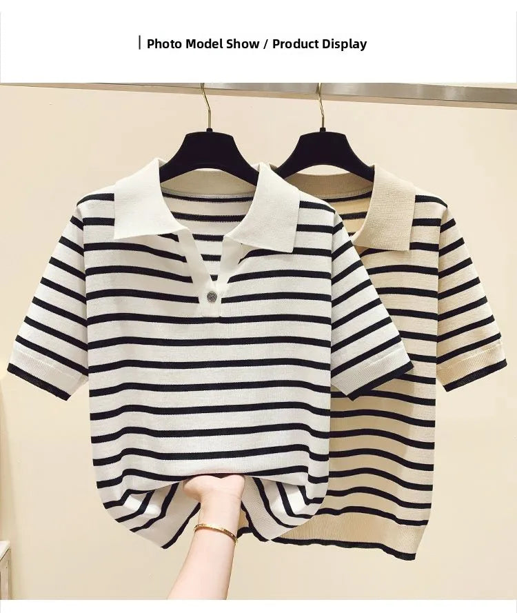 Loose Fit Ice Silk Knitted Short Sleeve T-Shirt Women's Summer Button up Top Slimming Striped  Neck Design plus Size