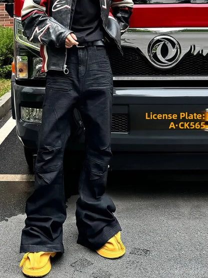 Handmade Bootcut Jeans Men's High Street Style Heavyweight Wax Coated Black Leather Bootcut Jeans Casual Wear Autumn Season