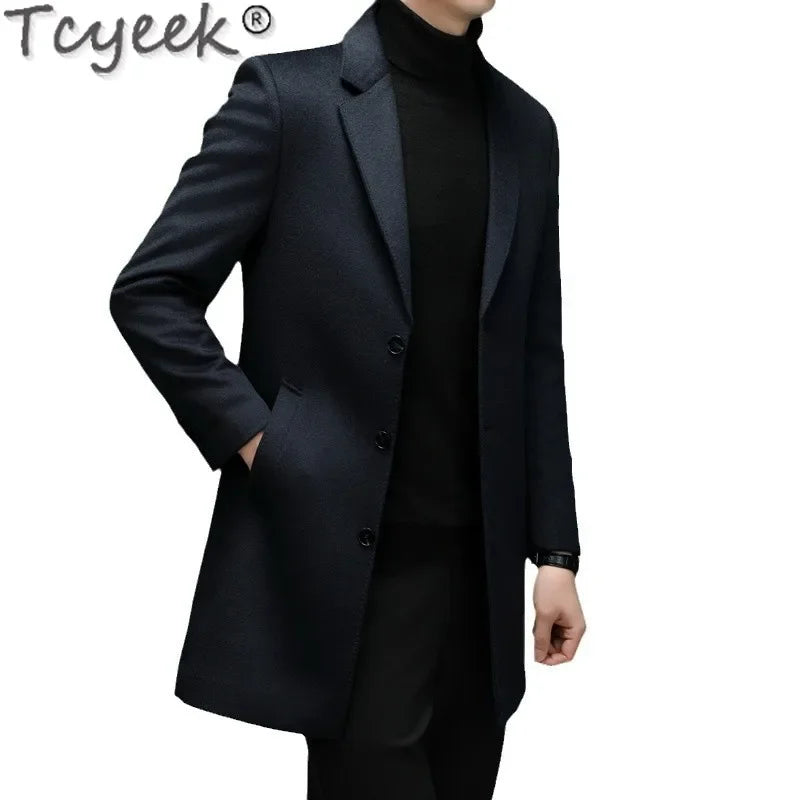 Tcyeek 10% Cashmere+ 90% Sheep Wool Jacket Men Clothes Autumn Winter Trench Coat Mid-length Woolen Coats Man New in Outerwear