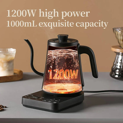 1000ml gooseneck electric coffee maker, stainless steel, with thermostat control, suitable for home use.