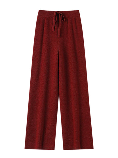 Chic Wide-Leg Pants Women's Autumn Winter Solid Color 100% Merino Wool Knitted Casual Loose Soft Thick Warm Popular Trousers