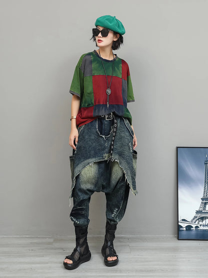 Color-blocked Suit Women Short-sleeve T-shirt + Loose Faux Two-piece Denim Drop-crotch Pants Two Piece Set Summer XY311