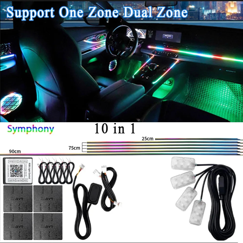 6/14/18 in 1 Led Acrylic Car Ambient Light RGB 64 213 Color Symphony Acrylic APP Streamer Rainbow Atmosphere Lamp Kit Dual Zone