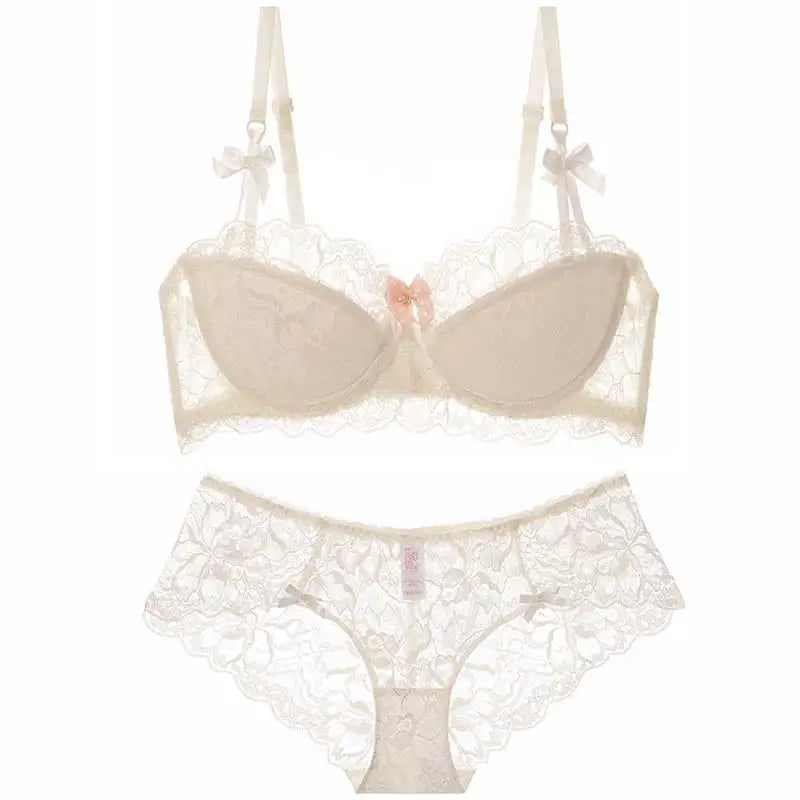 Sexy French Lace Push Up Bra Set for Small Chest, Anti Sagging Half Cup Demi Bra & Panty Lingerie Set, Sheer Adjustable Straps