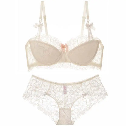 Sexy French Lace Push Up Bra Set for Small Chest, Anti Sagging Half Cup Demi Bra & Panty Lingerie Set, Sheer Adjustable Straps
