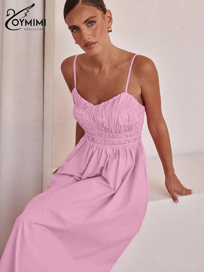 Oymimi Fashion Pink Cotton Women's Dress Elegant Spaghetti Strap Open Back Solid Dresses Casual High Waist Ankle-Length Dresses