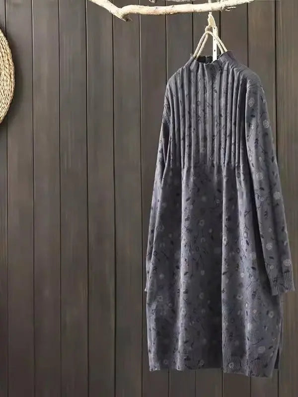 Retro Print Loose Knitted Dress Half High Collar Base Layer Skirt Autumn Winter Long Straight A-Line Dress for Women