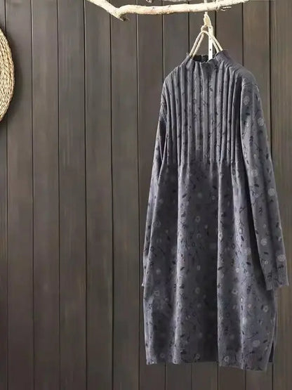 Retro Print Loose Knitted Dress Half High Collar Base Layer Skirt Autumn Winter Long Straight A-Line Dress for Women