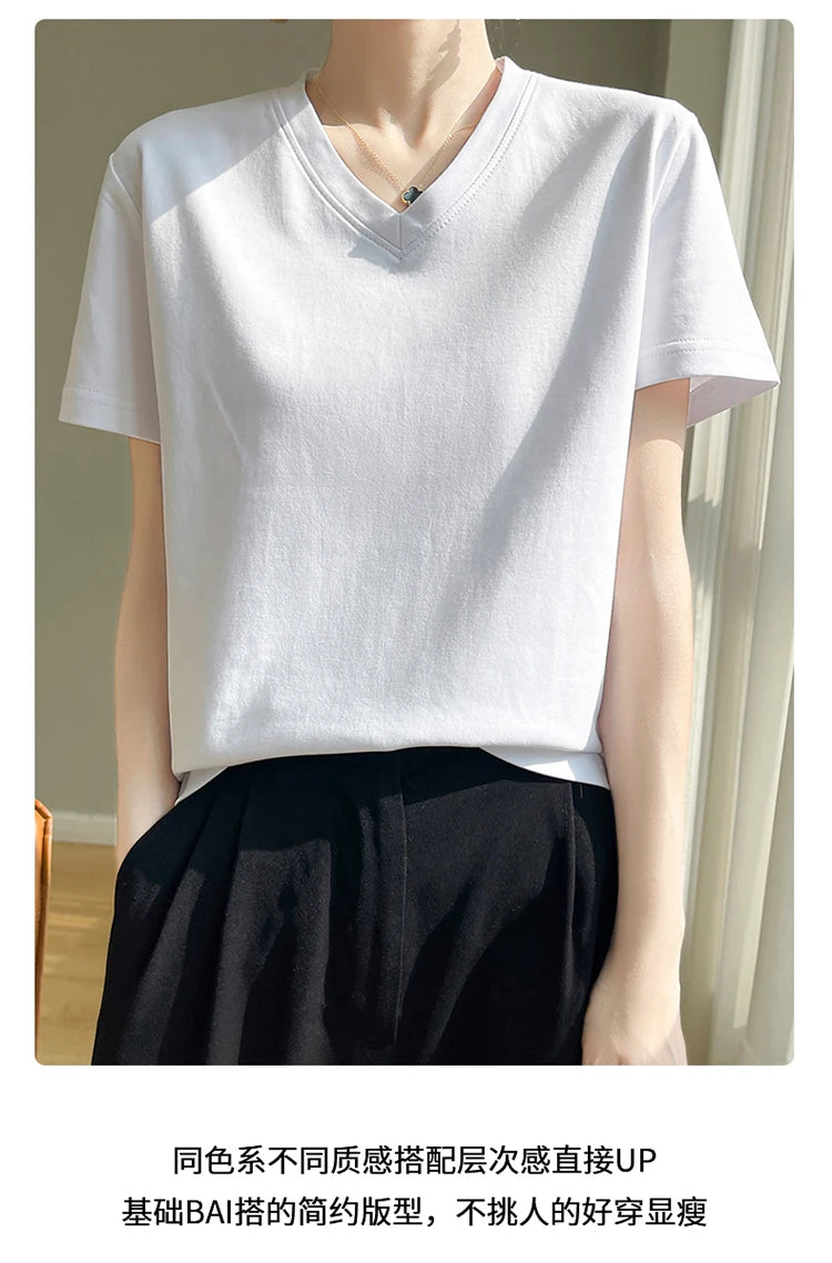 2026 Summer New Pure Cotton V-neck Short-sleeved T-shirt Women's Solid Color Joker Pullover Shirt with Loose Sleeve Bottom Shirt