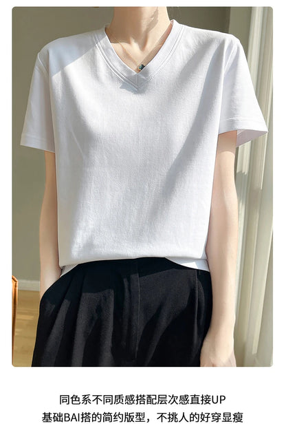 2026 Summer New Pure Cotton V-neck Short-sleeved T-shirt Women's Solid Color Joker Pullover Shirt with Loose Sleeve Bottom Shirt