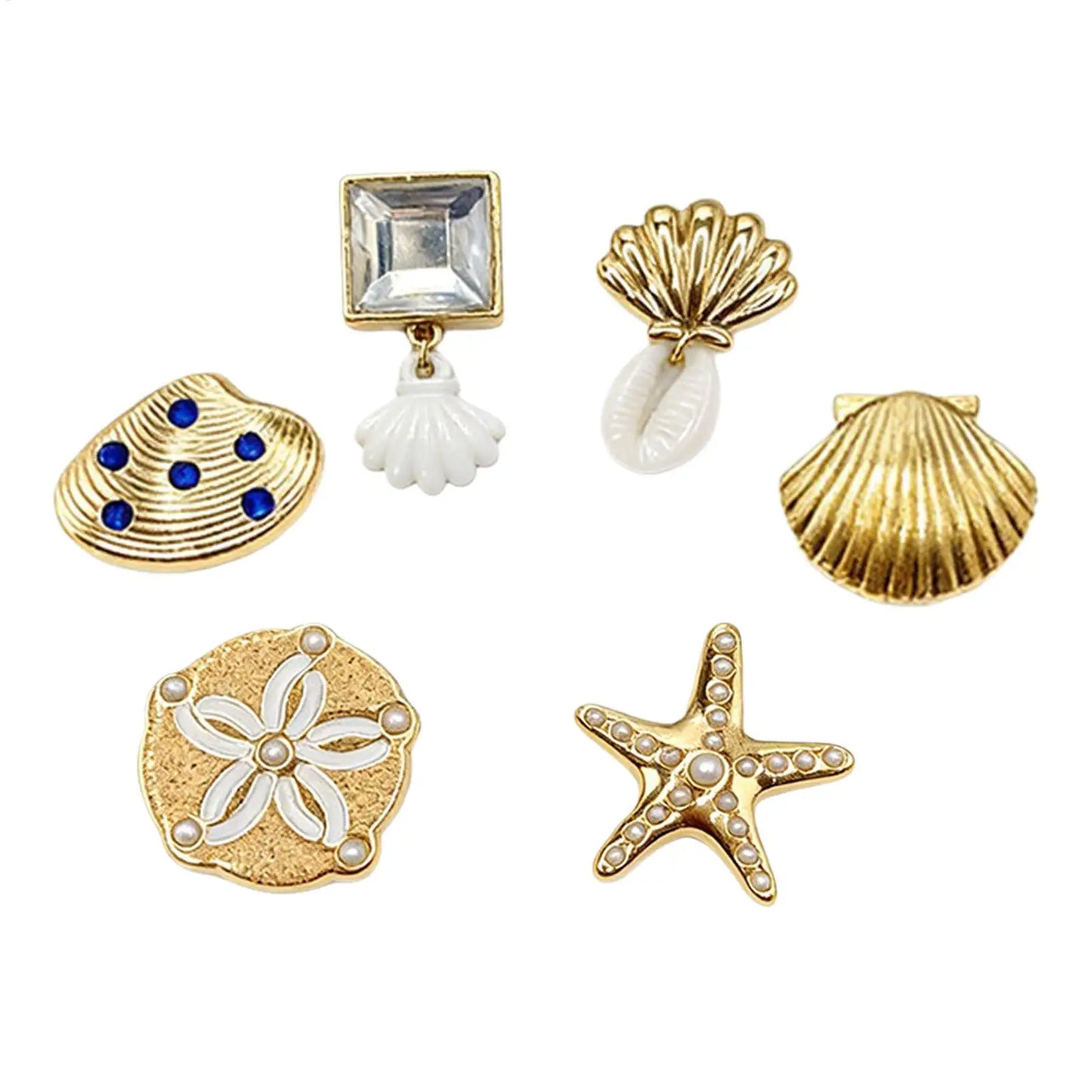 6pcs Sandal Charms for Slippers Gold Sea Theme Shell Shoe Decor Sandal Charm Set for Beach Trip Daily Travel Party Holiday