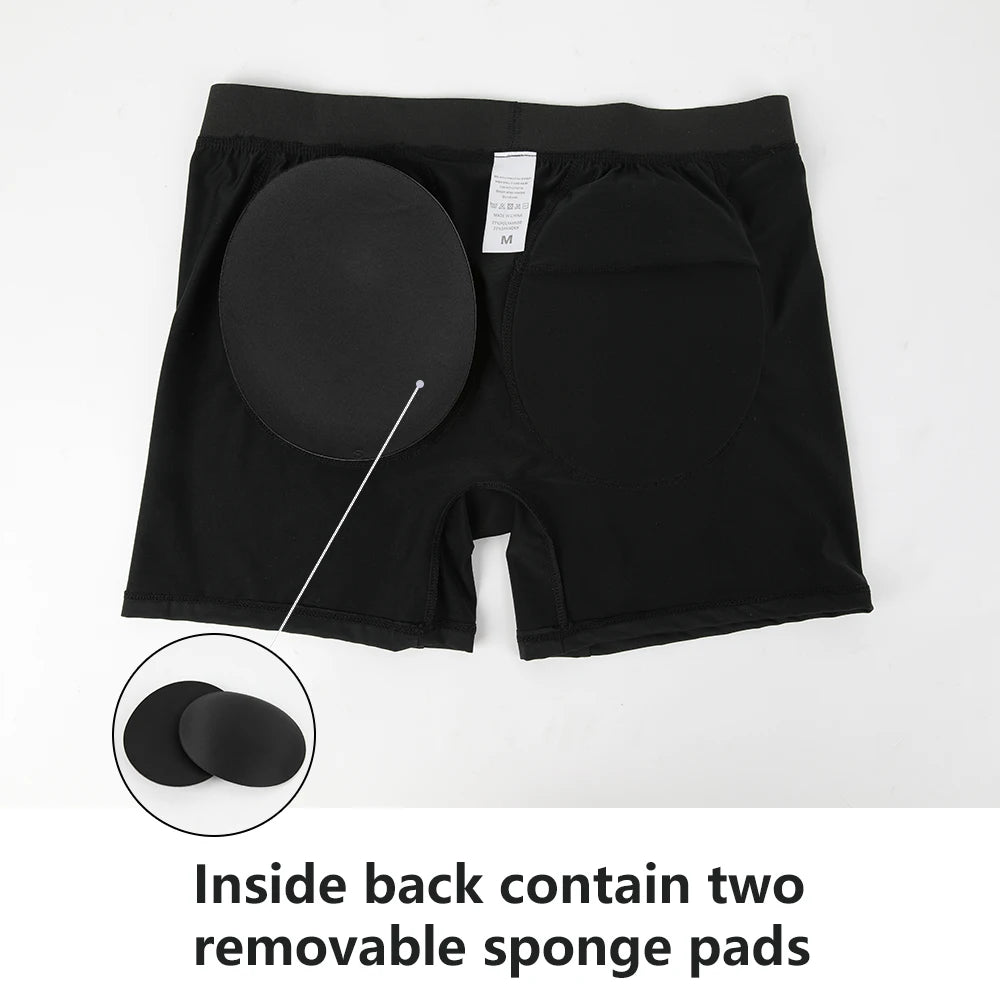 Men Butt Lifter Underwear 3D Pouch Boxer Briefs Antibacterial Auick-Drying Panties Shaper Removable Fake Butt Pad Black S-2XL