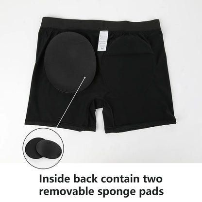Men Butt Lifter Underwear 3D Pouch Boxer Briefs Antibacterial Auick-Drying Panties Shaper Removable Fake Butt Pad Black S-2XL