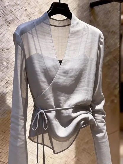 Gray Long Sleeve V-Neck Tulle Women's Shirt Design Sense Small Audience Fashionable Belted Top Commute Style Polyester