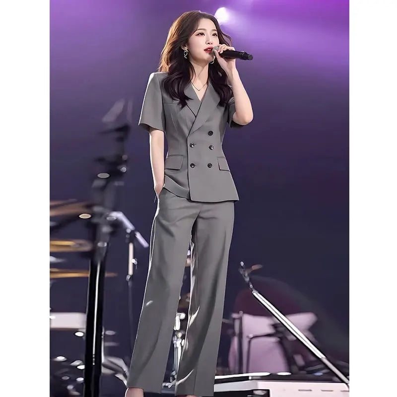 Elegant Short Sleeve Suit Set Women's Summer New Style Powerful Businesslike Top And Pants Two Pieces Set High Waist Pants