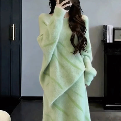 Cozy Lazy Knitted Set Women Winter Sweater  Skirt Two Piece Set 2026 Super Popular Outfit Whole Set Long Sleeve round Neck
