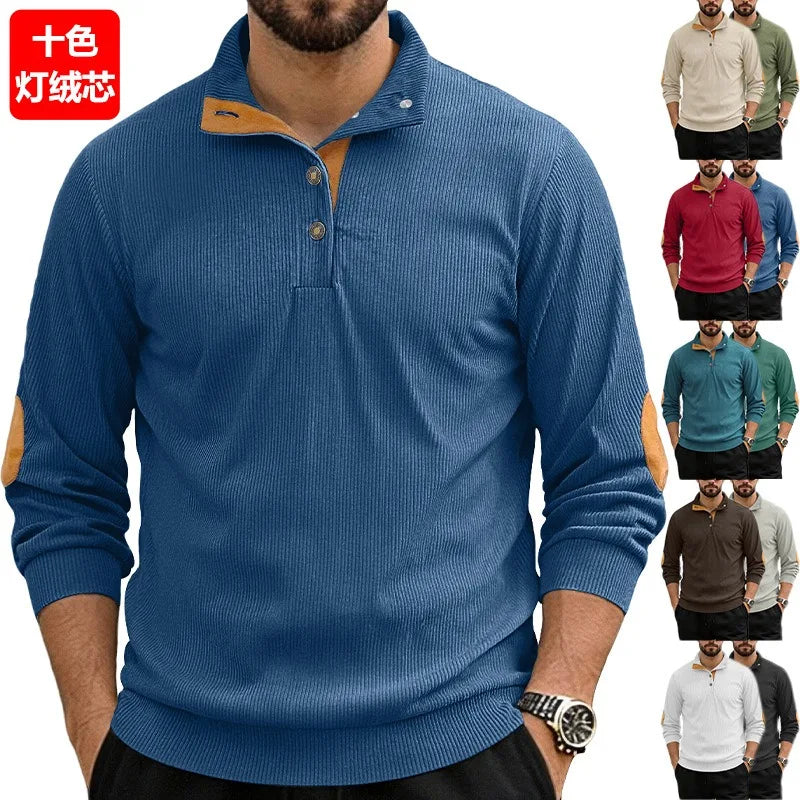 Men‘s Corduroy Button Up Pullover Stand Collar Contrast Elbow Patch Casual Top 2026