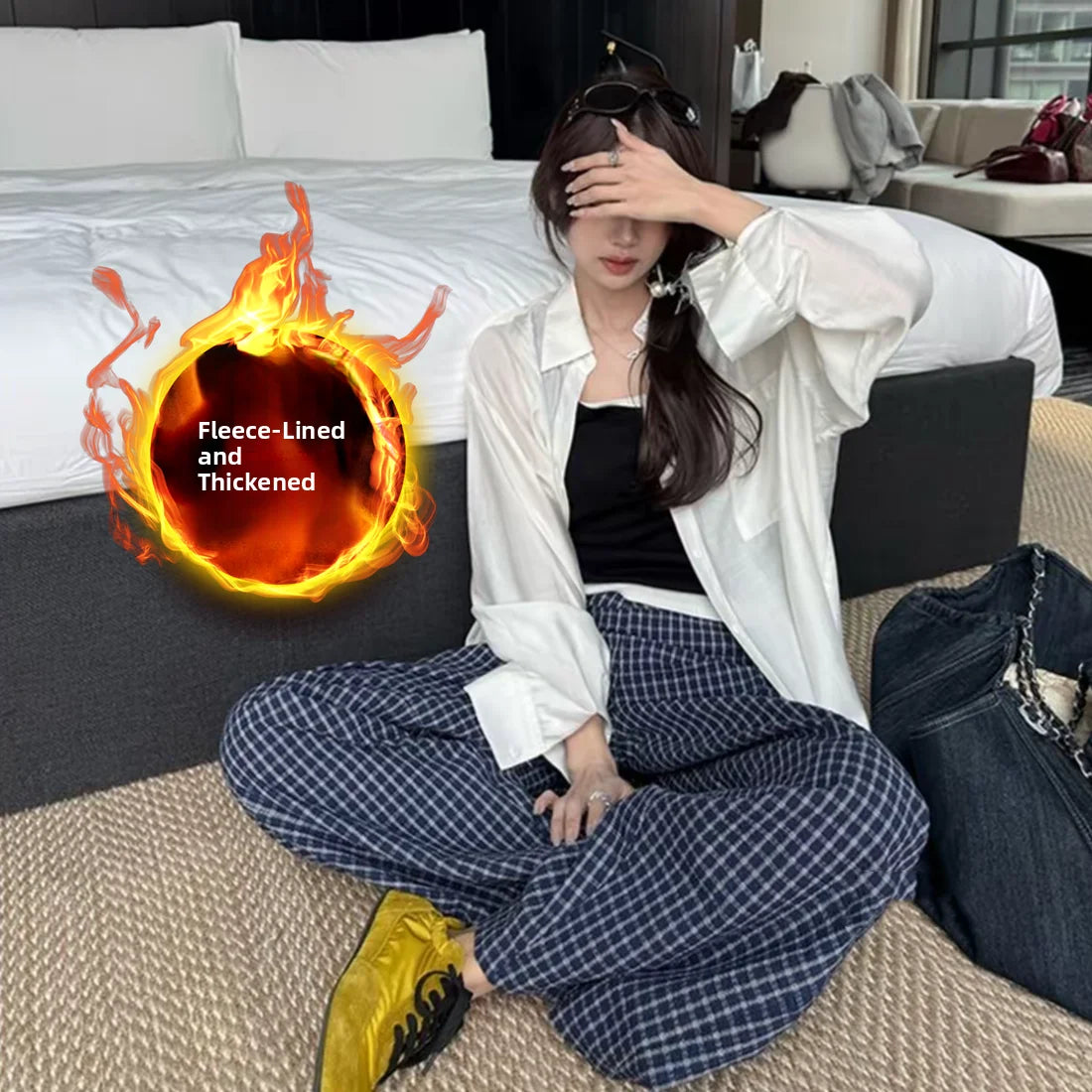 Lamb Velvet Fleece Lined Thick Plaid Casual Pants Women's Autumn Winter Loose Straight Leg Wide Leg Cotton Sleepwear Trousers