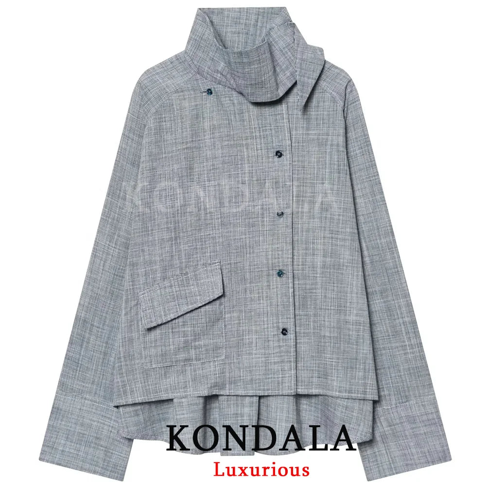 KONDALA Streetwear Chic Women Loose Blouse Turtleneck Pockets Single Breasted Blouse New Fashion 2026 Spring Holiday Blouse