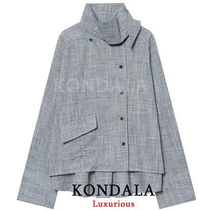KONDALA Streetwear Chic Women Loose Blouse Turtleneck Pockets Single Breasted Blouse New Fashion 2026 Spring Holiday Blouse
