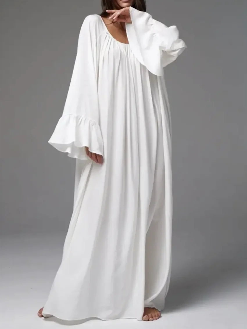 Parc Fee Casual Loose White Women Dress 2025 Elegant U-Neck Long Sleeve Floor-Length Dresses Simple Oversize Solid Female Dress