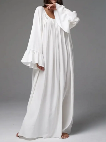 Parc Fee Casual Loose White Women Dress 2025 Elegant U-Neck Long Sleeve Floor-Length Dresses Simple Oversize Solid Female Dress