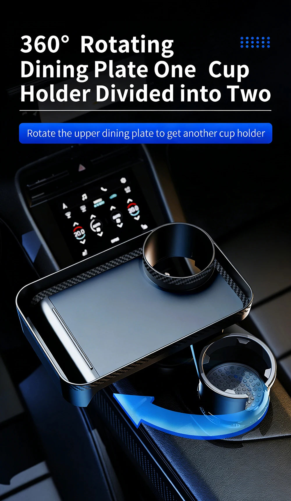 Car Cup Holder Expander Multi-Function Drink Holder with Food Table 360-Degree Adjustable Base Tray for Snack
