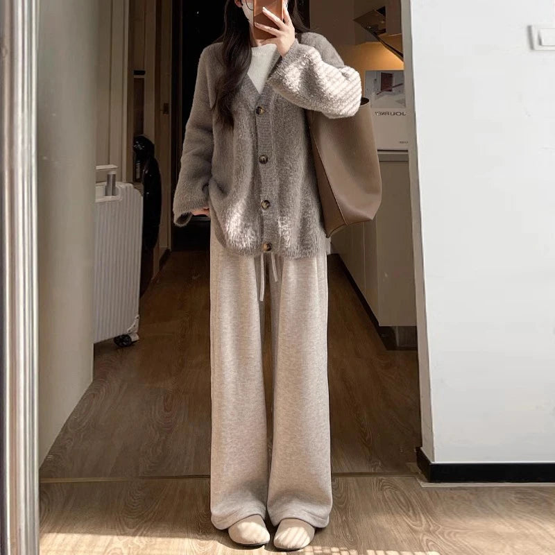 Ultra-Thick Lamb Velvet Fleece Lined Loose Cotton Pants Women's Autumn Winter Casual Sports Small Size Wide Leg Thermal Pants
