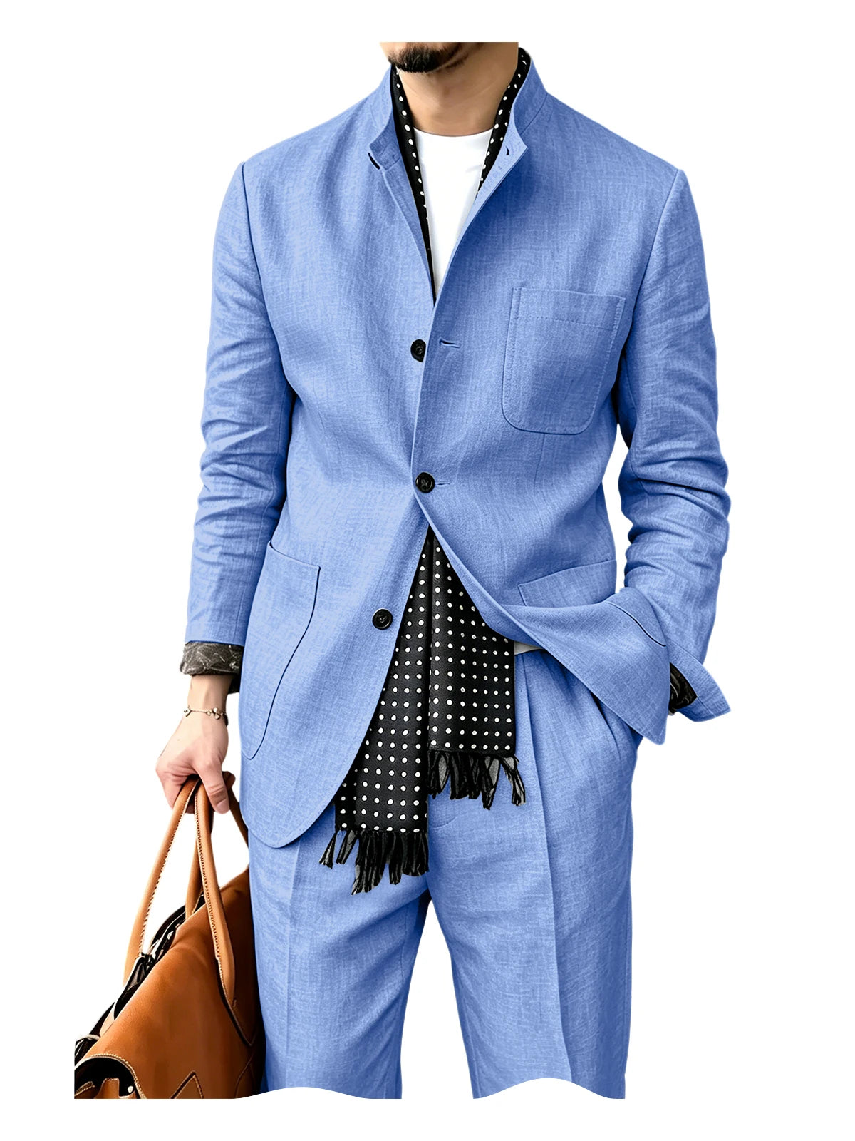 Men's Linen Blend 2 Piece Suit Set Stand Collar Three Button Breathable Casual Blazer Pants For Business Daily Wear Summer