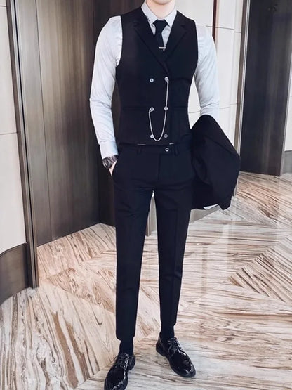 British Style Men's Business Double Row Button Suit Vest Casual Slimming Wedding Best Man Clothes Fashionable Plain Color