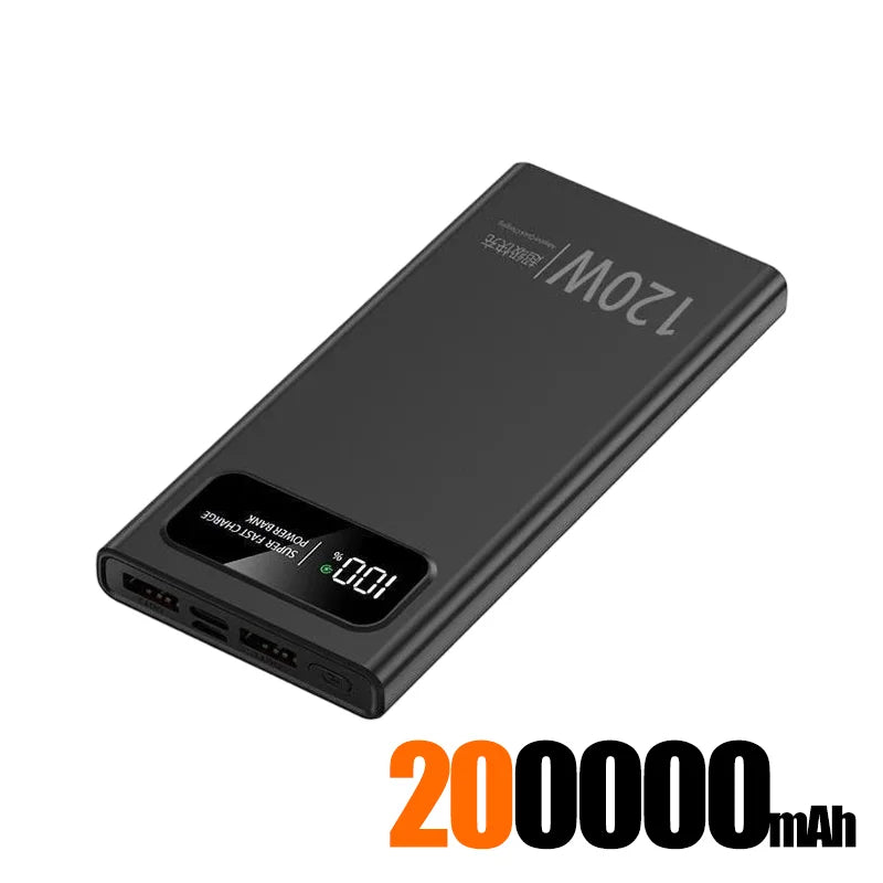 200000mAh Ultra Capacity 120W Super Fast Charging LED Digital Display Mobile PowerBank Portable External Battery For IPhone