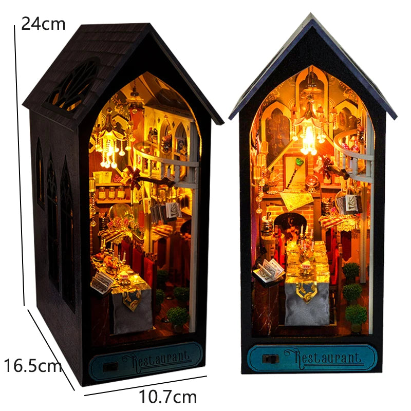 DIY Wooden Doll Houses Book Nook Shelf Insert Kit Miniature Model Kits 3D Puzzle Bookshelf With  LED Lights For Christmas Gifts