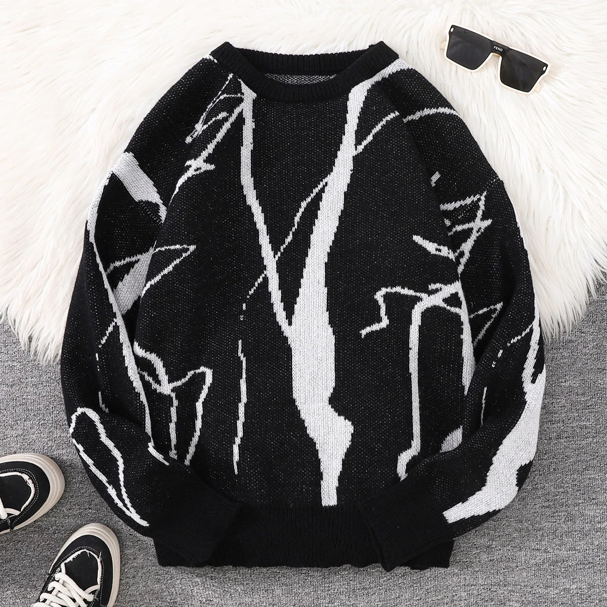 Street Graffiti Pattern Pullover Sweater, Casual Round-Neck Knit Men's Pullover, Suitable for Everyday Wear, Unisex Top for Going Out, Regular Fit, Suitable for Autumn and Winter