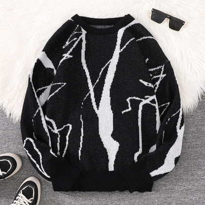 Street Graffiti Pattern Pullover Sweater, Casual Round-Neck Knit Men's Pullover, Suitable for Everyday Wear, Unisex Top for Going Out, Regular Fit, Suitable for Autumn and Winter