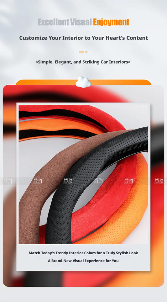 Nappa Leather Stitched Car Steering Wheel Cover, Ultra-thin Suede Universal Type, Summer Car Hand Cover, Car Interior Decoration