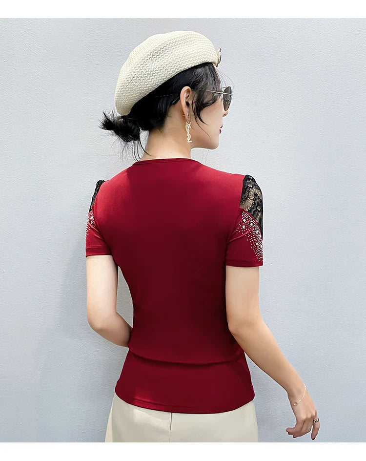 2026 Summer Women Tops New Korean Fashion Diamond Mesh T Shirt V-neck Short Sleeved Patchwork Lace Shirt