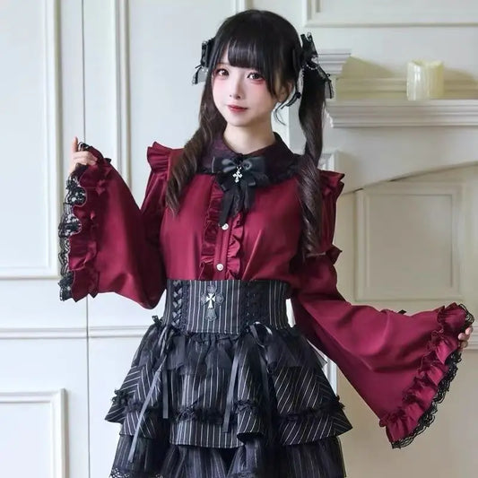 Jirai Kei Lolita Blouse Kawaii Top Women Cute Japanese Style Shirt with Bow Y2K Elegant Long Sleeve Sweet Casual Aesthetic Tops