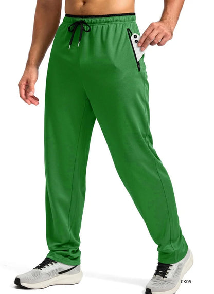 Men High Elastic Breathable Ice Cool Sports Long Pants Outdoor Quick Dry Straight Trousers Drawstring Waist Zipper Pocket Design