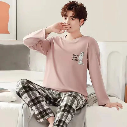 Men‘s Pajama Set Long Sleeve Black Striped Fall and Winter Youth Student Nightwear Loungewear Two Piece Set Sleepwear Homewear