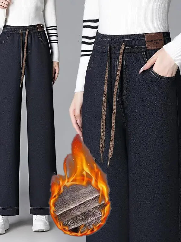 High Waist Fleece Lined Casual Straight Leg Jeans Slimming Effect Synthetic Denim Elastic Wide Leg Pants for Women