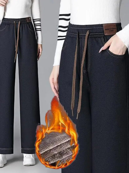 High Waist Fleece Lined Casual Straight Leg Jeans Slimming Effect Synthetic Denim Elastic Wide Leg Pants for Women
