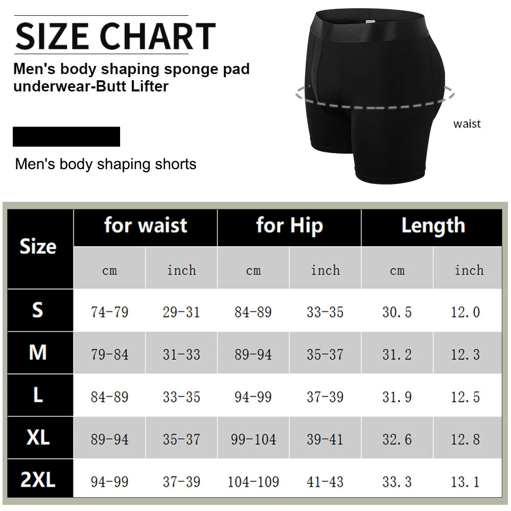Men Butt Lifter Underwear 3D Pouch Boxer Briefs Antibacterial Auick-Drying Panties Shaper Removable Fake Butt Pad Black S-2XL