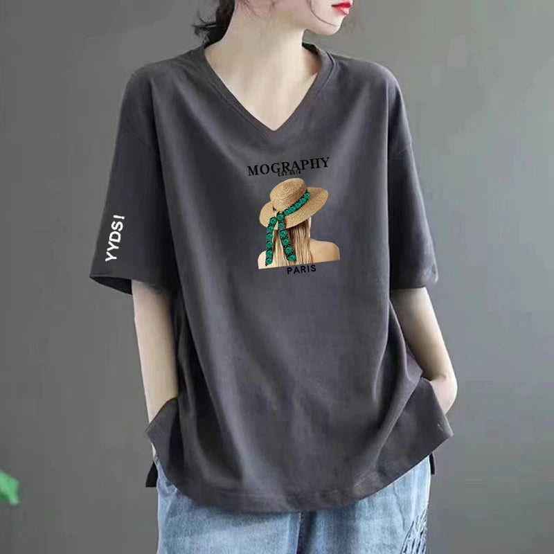 100% Pure Cotton V-Neck Short Sleeve T-Shirt Women's Loose Fashionable Printed Mom Top Trendy Korean Style Summer Wear