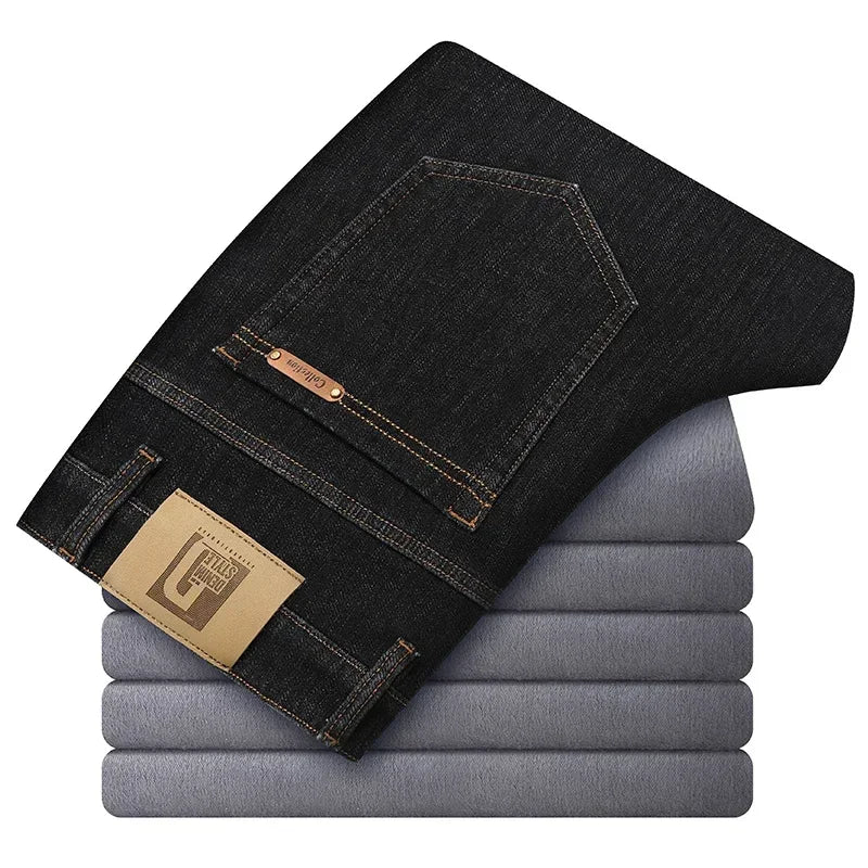Winter Classic Men's Warm Fleece Straight Leg Jeans Business Casual Twill Cotton Stretch Padded Denim Pants Male Brand Trousers