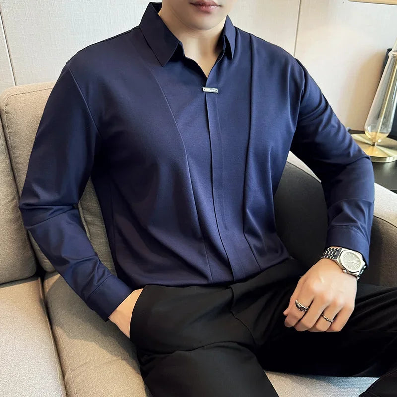 Men Long Sleeved Polo Shirt 2026 Spring British Style Solid Casual Elastic Slim Fit T-shirt Formal Dress Polo Shirt Men Clothing