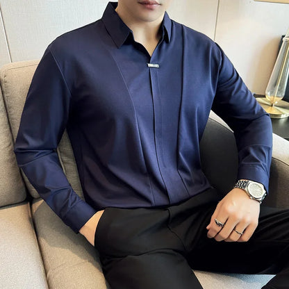 Men Long Sleeved Polo Shirt 2026 Spring British Style Solid Casual Elastic Slim Fit T-shirt Formal Dress Polo Shirt Men Clothing