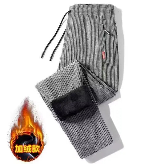 Man Sweatpants Autumn Winter Fleece Corduroy Thermal Trousers Vintage Straight Leg Pants Pocket with Zipper Thicken Sweatpants