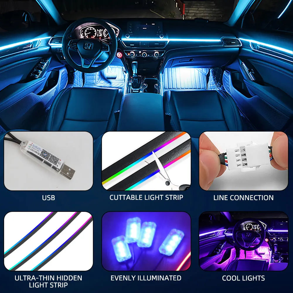 140/55.1inch Car Ambient Lights 1/6/10in1 Universal LED Symphony RGB Atmosphere Lamp USB APP Remote for Tesla Car Accessories
